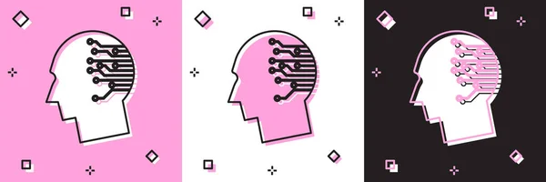 Set Cerebro humano como icono de placa de circuito digital aislado sobre fondo rosa y blanco, negro. Inteligencia artificial. Esquema de cabeza humana con líneas de circuito dentro. Ilustración vectorial — Vector de stock