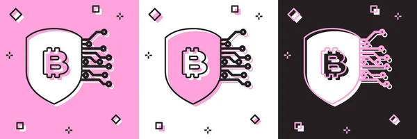 Set Shield met Bitcoin pictogram geïsoleerd op roze en witte, zwarte achtergrond. Cryptogeld mijnbouw, blockchain technologie, veiligheid, beschermen, digitaal geld. Vector Illustratie — Stockvector