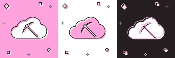 Establecer Cryptocurrency nube minería icono aislado en rosa y blanco, fondo negro. Nube con pico, bitcoin, mercado de dinero digital, billetera criptomoneda. Ilustración vectorial — Vector de stock