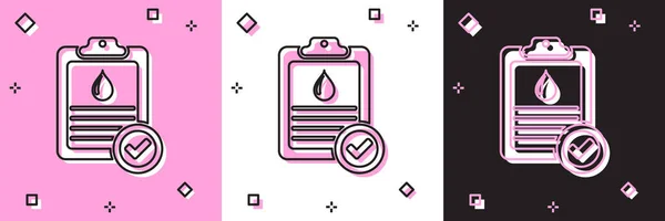 Definir área de transferência médica com resultados de exames de sangue ícone isolado em rosa e branco, fundo preto. Registro clínico, prescrição, relatório de marcas de verificação médica. Ilustração vetorial — Vetor de Stock