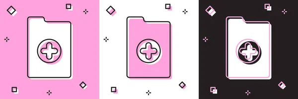 Definir área de transferência médica com ícone de registro clínico isolado em rosa e branco, fundo preto. Formulário de seguro de saúde. Prescrição, relatório de marcas médicas. Ilustração vetorial — Vetor de Stock