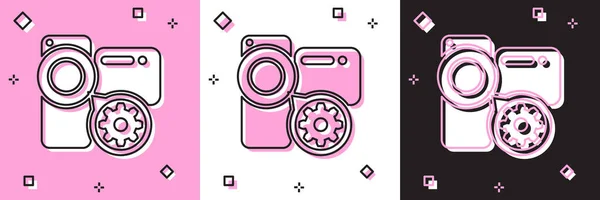 Set Videocamera en tandwielpictogram geïsoleerd op roze en witte, zwarte achtergrond. Aanpassen app, service concept, instelling opties, onderhoud, reparatie, vaststelling. Vector Illustratie — Stockvector