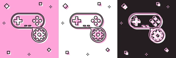 Gamepad und Getriebesymbol isoliert auf rosa und weißen, schwarzen Hintergrund setzen. Anpassung App, Servicekonzept, Einstellungsmöglichkeiten, Wartung, Reparatur, Reparatur. Vektorillustration — Stockvektor