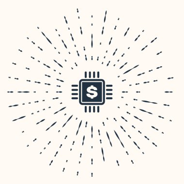 Bej arka planda dolar simgesi olan gri işlemci çipi. İşlemci ve bir dolar işareti. Soyut çember rastgele noktalar. Vektör İllüstrasyonu