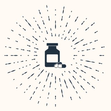 Gri ilaç şişesi ve bej arka planda izole edilmiş hap ikonu. Şişe hapı işareti. Eczane tasarımı. Soyut çember rastgele noktalar. Vektör İllüstrasyonu