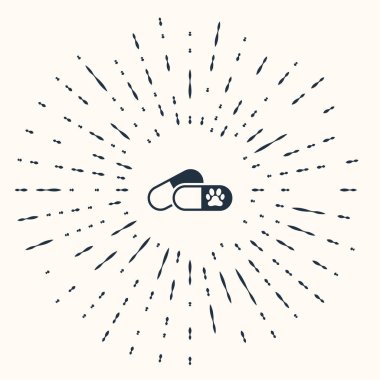 Gri Köpek ve ilaç ikonu bej arka planda izole edilmiş. Hayvan için reçeteli ilaç. Soyut çember rastgele noktalar. Vektör İllüstrasyonu