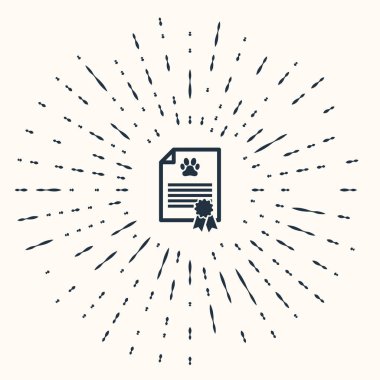 Bej arka planda kedi veya köpek ikonu olan gri tıbbi seyahat sertifikası. Evcil hayvan için belge. Köpek ya da kedi pençesi izi. Soyut çember rastgele noktalar. Vektör İllüstrasyonu