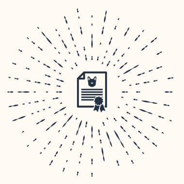 Bej arka planda kedi veya köpek ikonu olan gri tıbbi seyahat sertifikası. Evcil hayvan için belge. Köpek ya da kedi pençesi izi. Soyut çember rastgele noktalar. Vektör İllüstrasyonu