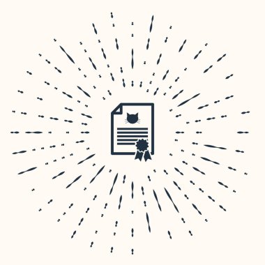 Bej arka planda kedi veya köpek ikonu olan gri tıbbi seyahat sertifikası. Evcil hayvan için belge. Köpek ya da kedi pençesi izi. Soyut çember rastgele noktalar. Vektör İllüstrasyonu