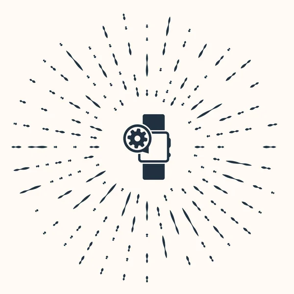 Montre intelligente grise et icône d'engrenage isolée sur fond beige. Réglage app, concept de service, options de réglage, entretien, réparation, réparation. Cercle abstrait points aléatoires. Illustration vectorielle — Image vectorielle