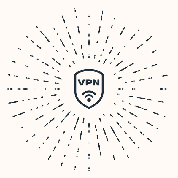 Vpnと無線LANインターネットネットワークシンボルアイコンとグレーシールドベージュの背景に隔離されました。Vpnは安全コンセプトを保護します。抽象円のランダムなドット。ベクターイラスト — ストックベクタ