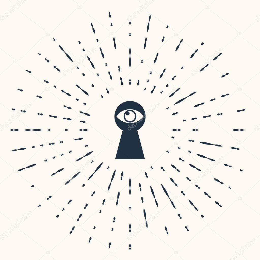 Grey Keyhole with eye icon isolated on beige background. The eye looks into the keyhole. Keyhole eye hole. Abstract circle random dots. Vector Illustration