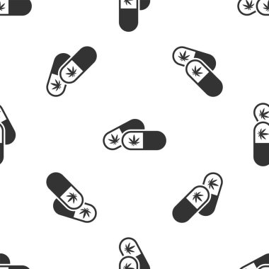 Esrar ya da kenevir yaprağı ikonu içeren gri tıbbi haplar beyaz arka planda izole edilmiş. Kavanozlardaki kenevir yağı özlerini taklit et. Vektör İllüstrasyonu