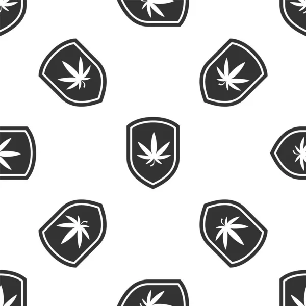 Escudo cinza e maconha ou ícone de folha de cannabis isolado padrão sem costura no fundo branco. Legalização da marijuana. Símbolo de cânhamo. Ilustração vetorial — Vetor de Stock