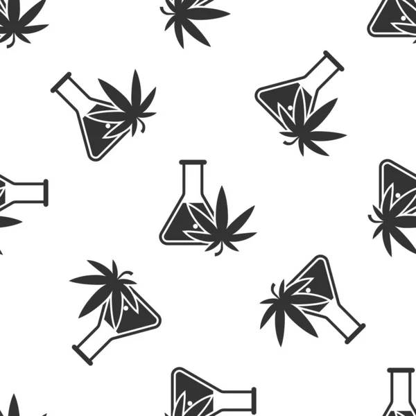 Серые химические пробирки с марихуаной или иконой листьев конопли изолированы плавный рисунок на белом фоне. Концепция исследования. Лабораторная концепция масла CBD. Векторная миграция — стоковый вектор