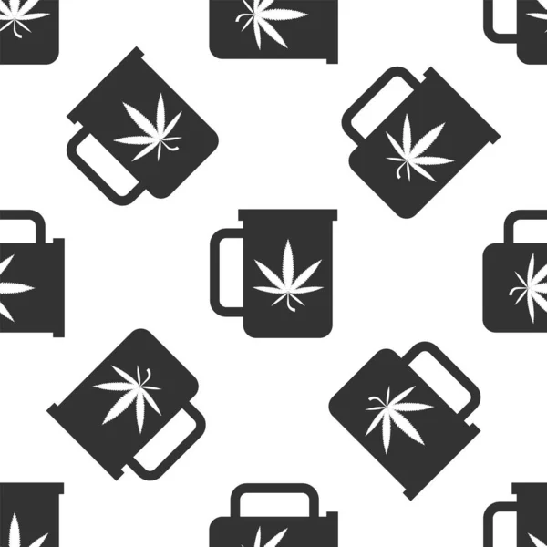 Thé Grey Cup avec de la marijuana ou une icône de feuille de cannabis isolé motif sans couture sur fond blanc. Légalisation de la marijuana. Symbole de chanvre. Illustration vectorielle — Image vectorielle