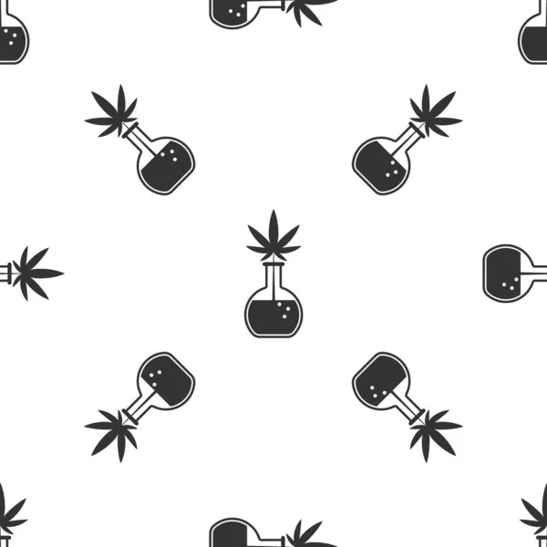 Tubo de ensayo Grey Chemical con marihuana o icono de hoja de cannabis aislado patrón sin costura sobre fondo blanco. Concepto de investigación. Concepto de aceite de CBD de laboratorio. Ilustración vectorial — Archivo Imágenes Vectoriales