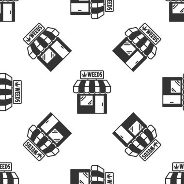 Gri marihuana ve kenevir dükkanı ikonu beyaz arka planda izole edilmiş pürüzsüz desen. Sigara içmek, tıbbi esrar depolamak için ekipman ve aksesuarlar. Vektör İllüstrasyonu