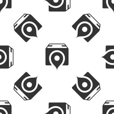 Karton kutu simgesine sahip gri konum beyaz arka planda izole edilmiş pürüzsüz desen. Teslimat hizmetleri, lojistik ve ulaşım, yer değiştirme, dağıtım. Vektör İllüstrasyonu