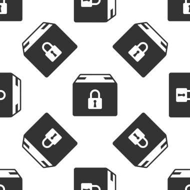 Gri kilitli paket simgesi beyaz arkaplandaki kusursuz deseni izole etti. Kilit ve karton kutu. Vektör İllüstrasyonu