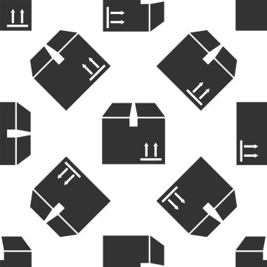 Üzerinde trafik sembolü simgesi olan gri karton kutu beyaz arka planda izole edilmiş kusursuz desen. Kutu, paket, paket işareti. Teslimat, ulaşım ve nakliye. Vektör İllüstrasyonu