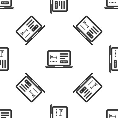 Gri Çevrimiçi otel rezervasyon ikonu beyaz arka planda izole edilmiş kusursuz desen. Dizüstü bilgisayar için online dizayn konsepti. Vektör İllüstrasyonu