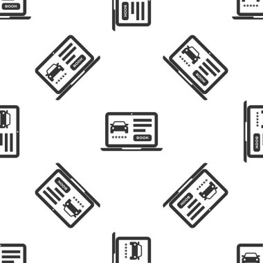 Gri Online araba paylaşımı simgesi beyaz arka planda izole edilmiş. Çevrimiçi araba kiralama servisi. Dizüstü bilgisayar için online dizayn konsepti. Vektör İllüstrasyonu