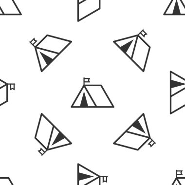 Bayrak ikonuna sahip gri turist çadırı beyaz arka planda izole edilmiş pürüzsüz desen. Kamp sembolü. Vektör İllüstrasyonu