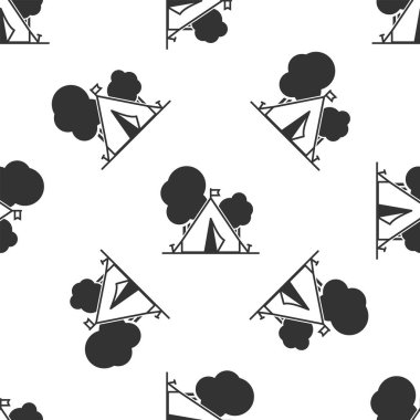 Bayrak ikonuna sahip gri turist çadırı beyaz arka planda izole edilmiş pürüzsüz desen. Kamp sembolü. Vektör İllüstrasyonu