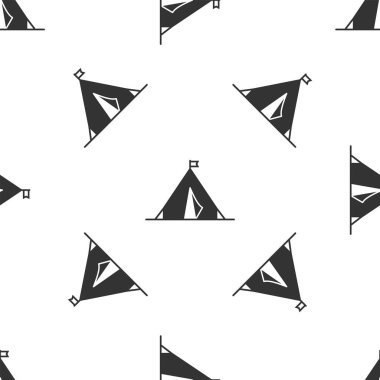 Bayrak ikonuna sahip gri turist çadırı beyaz arka planda izole edilmiş pürüzsüz desen. Kamp sembolü. Vektör İllüstrasyonu