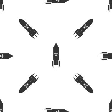 Gri Biyolojik Tehlike roket ikonu beyaz arka planda izole edilmiş kusursuz desen. Roket bombası düşüyor. Vektör İllüstrasyonu