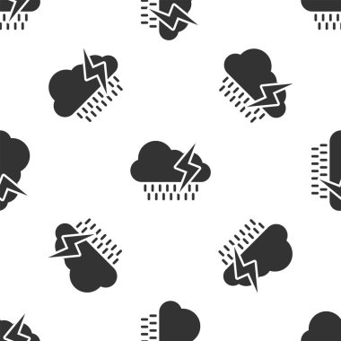 Yağmur ve şimşek ikonuna sahip gri bulut beyaz arka planda izole edilmiş kusursuz desen. Yağmur damlalı yağmur bulutu yağışı. Fırtına ikonu. Vektör İllüstrasyonu