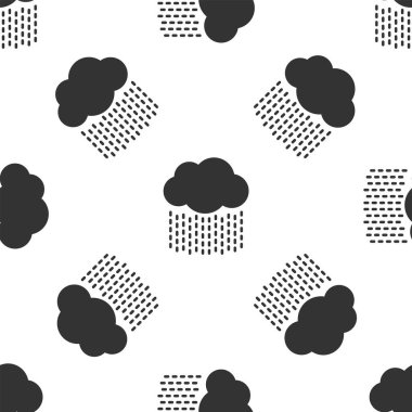 Yağmur ikonuna sahip gri bulut beyaz arka planda izole edilmiş pürüzsüz desen. Yağmur damlaları ile yağmur bulutu yağışı. Vektör İllüstrasyonu