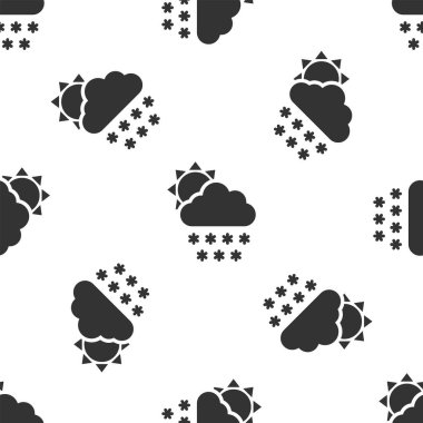 Kar ve güneş ikonuna sahip gri bulut beyaz arka planda izole edilmiş pürüzsüz desen. Kar taneli bulut. Tek hava ikonu. Kar tabelası. Vektör İllüstrasyonu