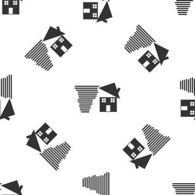 Gri Kasırga girdabı beyaz arka planda izole edilmiş çatı ikonuna zarar veriyor. Kasırga, kasırga, fırtına bacası, kasırga rüzgar ikonu. Vektör İllüstrasyonu