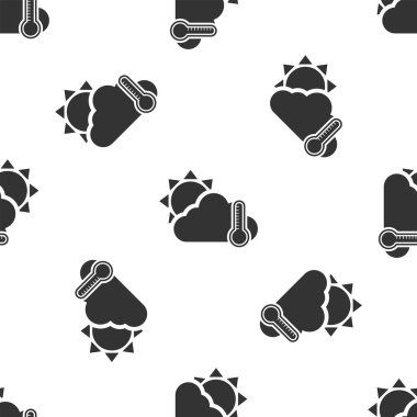 Güneş ikonlu gri termometre ve bulut beyaz arka planda izole edilmiş kusursuz desen. Vektör İllüstrasyonu