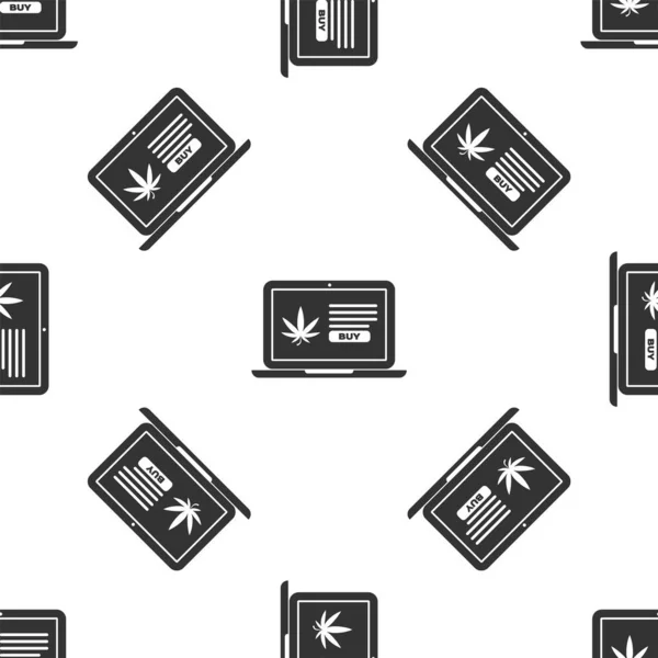 Grå laptop och medicinsk marijuana eller cannabis blad ikon isolerade sömlösa mönster på vit bakgrund. Onlineköp symbol. Stormarknadskorg. Vektor Illustration — Stock vektor