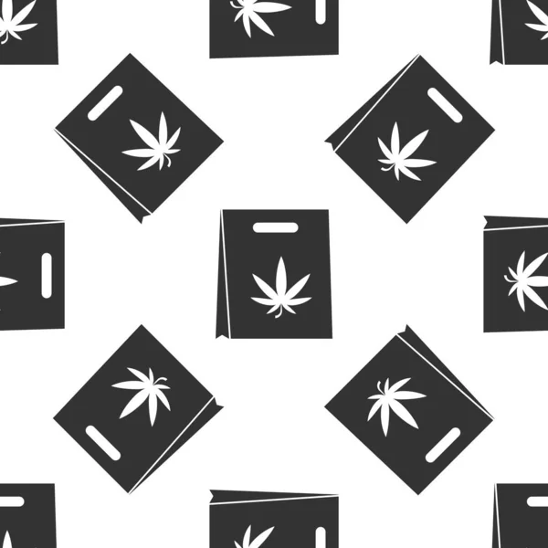 Серый пакет бумаги покупки медицинской марихуаны или иконки листьев конопли изолированы плавный узор на белом фоне. Покупаю марихуану. Символ конопли. Векторная миграция — стоковый вектор