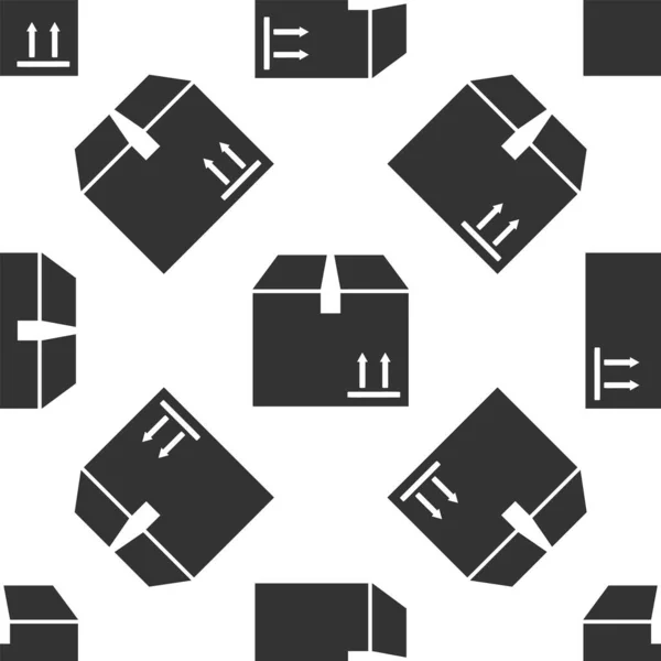 Caixa de papelão cinza com ícone de símbolo de tráfego isolado padrão sem costura no fundo branco. Caixa, pacote, sinal de encomenda. Entrega, transporte e transporte. Ilustração vetorial — Vetor de Stock