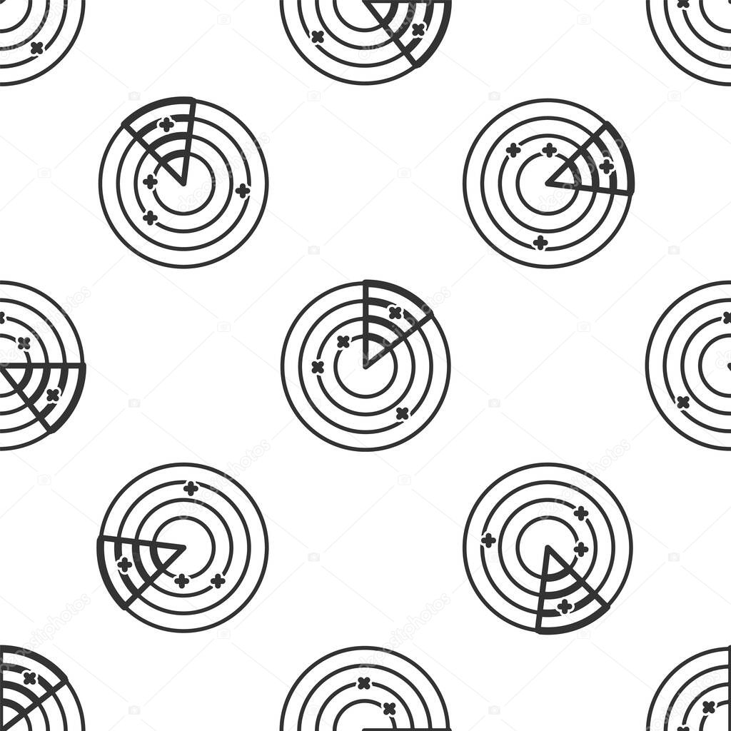 Grey Radar with targets on monitor in searching icon isolated seamless pattern on white background. Military search system. Navy sonar. Vector Illustration