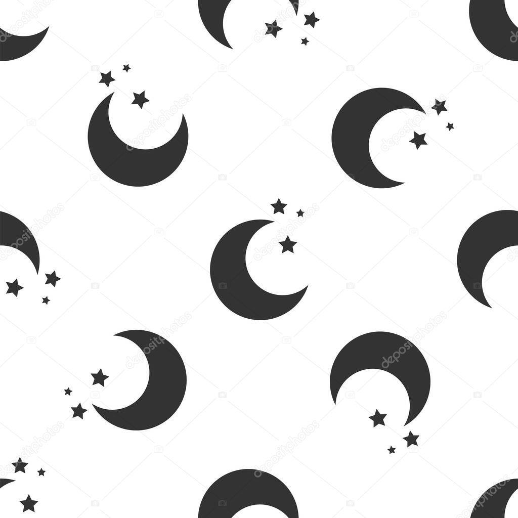 Grey Moon and stars icon isolated seamless pattern on white background. Vector Illustration