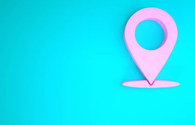 Pembe Harita pin simgesi mavi arkaplanda izole edildi. Navigasyon, işaret, konum, harita, GPS, yön, yer, pusula, temas, arama konsepti. Minimalizm kavramı. 3d illüstrasyon 3d canlandırma