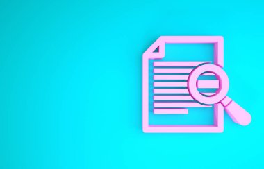 Mavi arkaplanda izole edilmiş arama simgesine sahip pembe belge. Dosya ve büyüteç simgesi. Analitik araştırma işareti. Minimalizm kavramı. 3d illüstrasyon 3d canlandırma