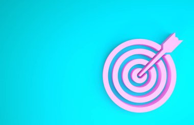 Mavi arkaplanda ok simgesi olan pembe hedef. Dart tahtası işareti. Okçuluk tahtası simgesi. Dartboard işareti. İş hedefi kavramı. Minimalizm kavramı. 3d illüstrasyon 3B canlandırma