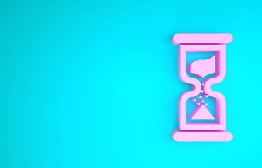 Mavi zemin üzerinde kum ikonu olan eski pembe kum saati. Kum saati işareti. İş ve zaman yönetimi kavramı. Minimalizm kavramı. 3d illüstrasyon 3B canlandırma