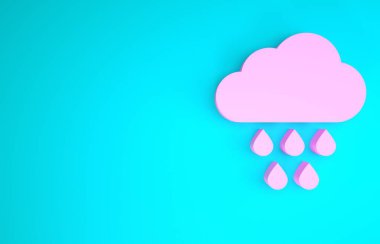 Pembe Bulut mavi arka planda izole edilmiş yağmur ikonu. Yağmur damlaları ile yağmur bulutu yağışı. Minimalizm kavramı. 3d illüstrasyon 3d canlandırma