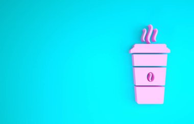 Pembe kahve fincanı ikonu mavi arka planda izole edilmiş. Tek kullanımlık kahve bardağı ve sıcak kahve. Minimalizm kavramı. 3d illüstrasyon 3d canlandırma