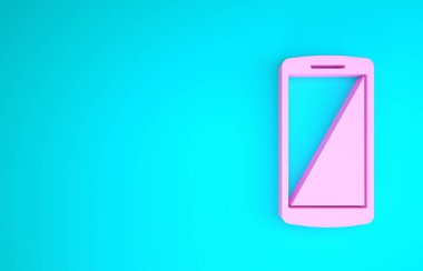 Pembe Akıllı Telefon, mavi arka planda izole edilmiş bir cep telefonu simgesi. Minimalizm kavramı. 3d illüstrasyon 3B canlandırma