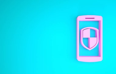 Pembe akıllı telefon, mavi arka planda güvenlik kalkanı simgesi olan cep telefonu. Minimalizm kavramı. 3d illüstrasyon 3d canlandırma