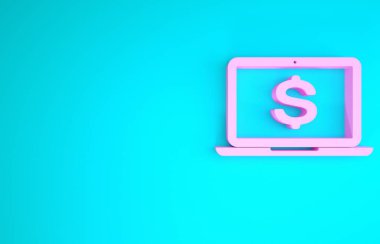 Mavi arkaplanda dolar sembolü olan pembe dizüstü bilgisayar. İnternetten alışveriş konsepti. Ekonomi konsepti. Minimalizm kavramı. 3d illüstrasyon 3d canlandırma